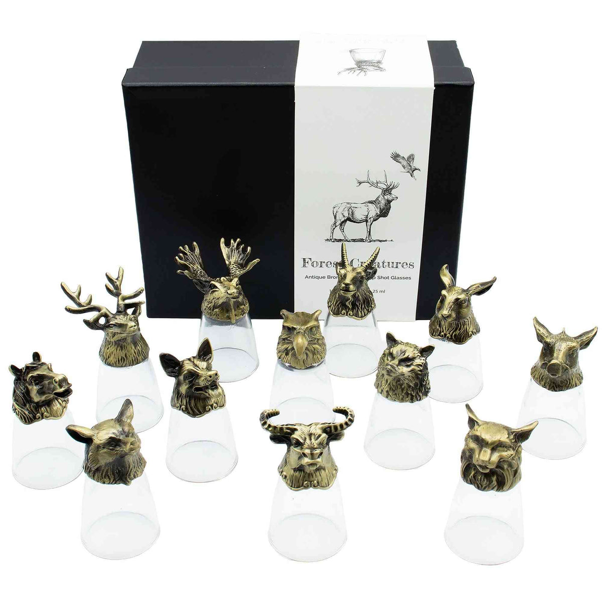 Coffret cadeau de 12 verres à shot Bottom Up (25ml) - Forêt et Créatures Mystiques - Bronze Antique