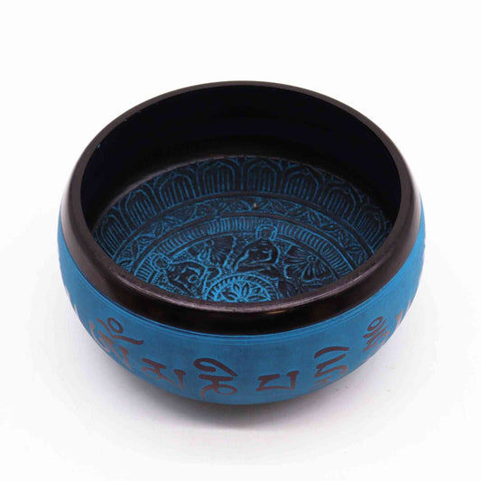 Cuenco tibetano Earth Powder - Cinco Budas Mantra Azul - 16 cm - Artículos Tibetanos