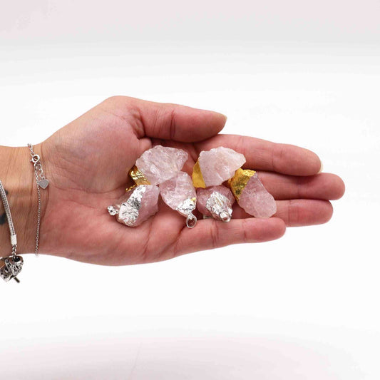 Colgantes de cuarzo rosa chapados en oro y plata (6 unidades surtidas) - Colgantes de piedras preciosas, bano-oro-plata
