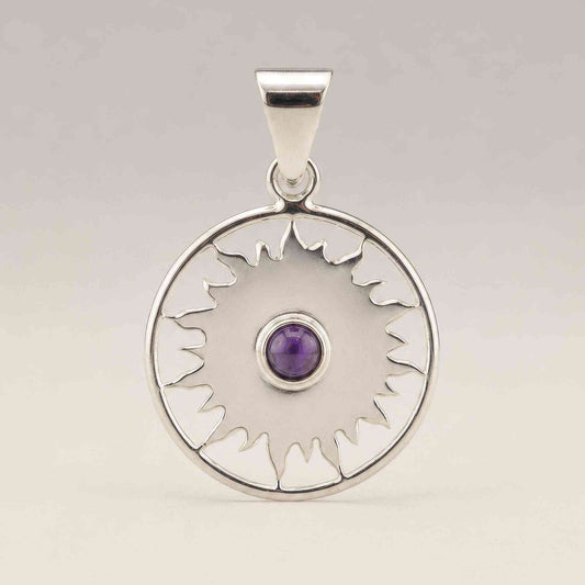 Colgante devocional de la India - plateado (cordón de 45 cm) - Amatista de adoración al sol - amatista colgante cordón negro
