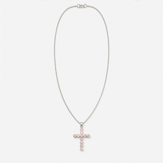 Colgante devocional de la India - Chapado en plata (cadena de 45 cm) - Crucifijo de cuarzo rosa - chapado en plata colgante c