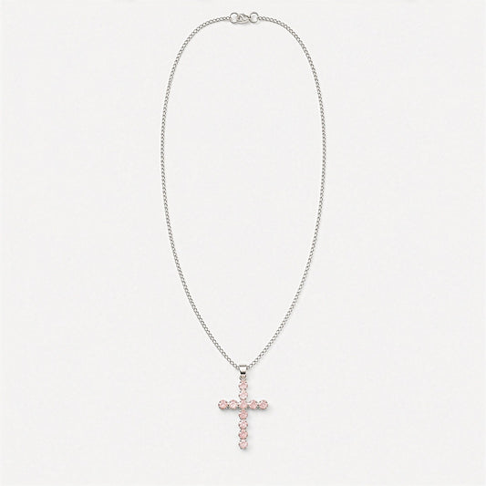 Colgante devocional de la India - Chapado en plata (cadena de 45 cm) - Crucifijo de cuarzo rosa