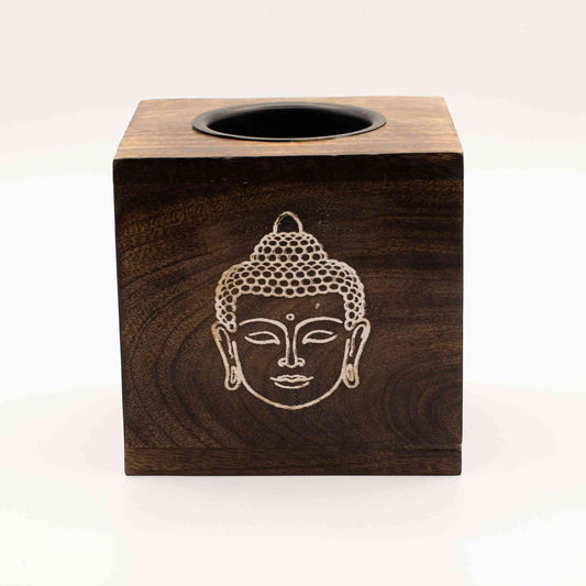 Gran quemador de aceite de madera de mango cuadrado - Cara de Buda - Quemadores de aceite de madera de mango, aromaterapia