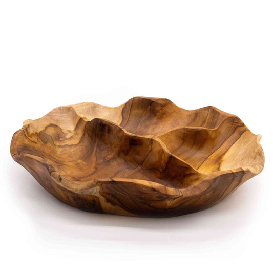 Smooth round teak wood three-section fruit bowl - 30x5.5cm