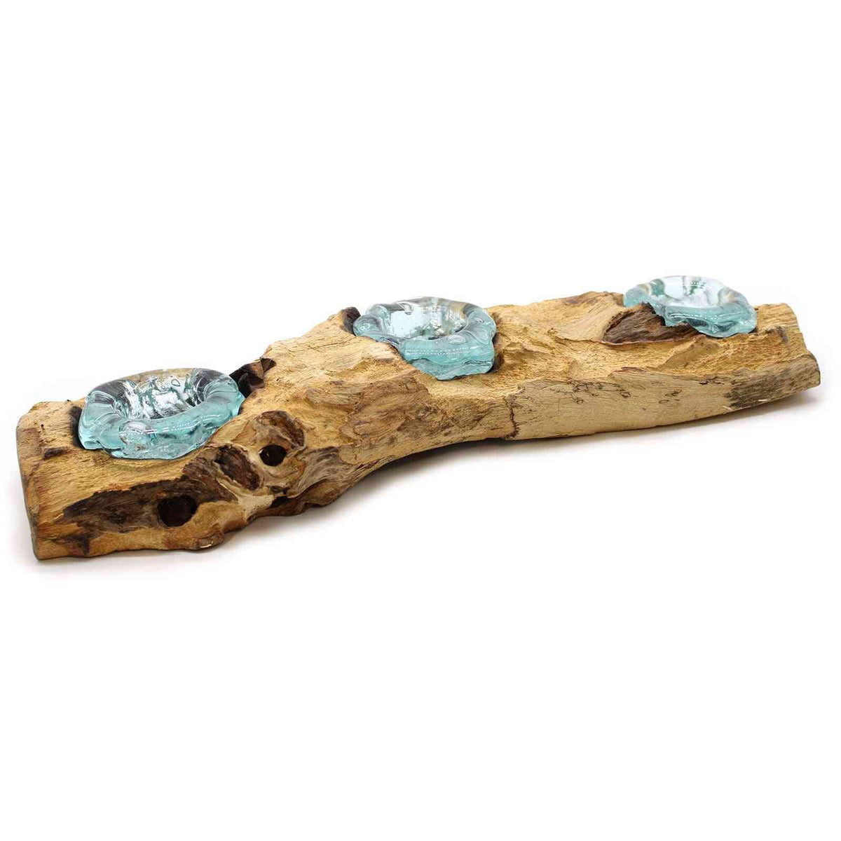Molton triple flat glass candle holder on wood