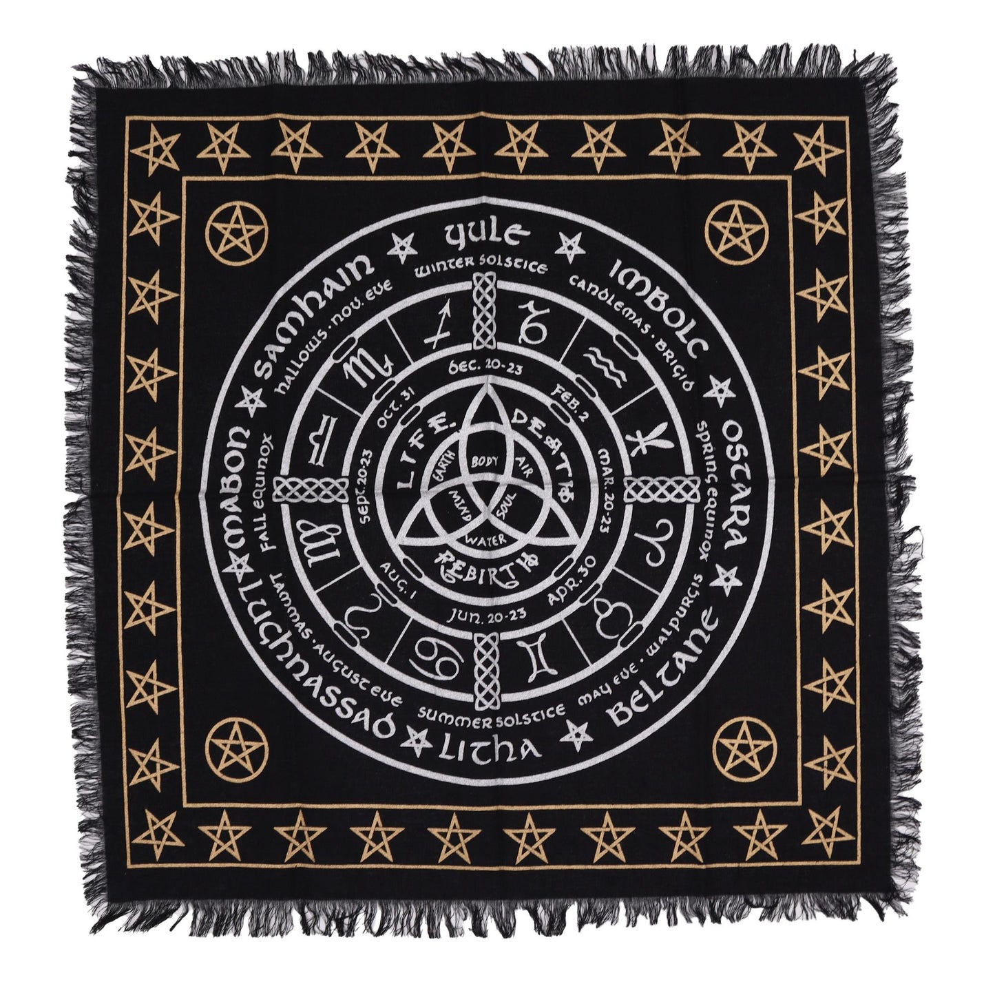 Mantel de altar esotérico con flecos - Vida Muerte Renacimiento - Mantel de altar esotérico con flecos, 100% Cotton