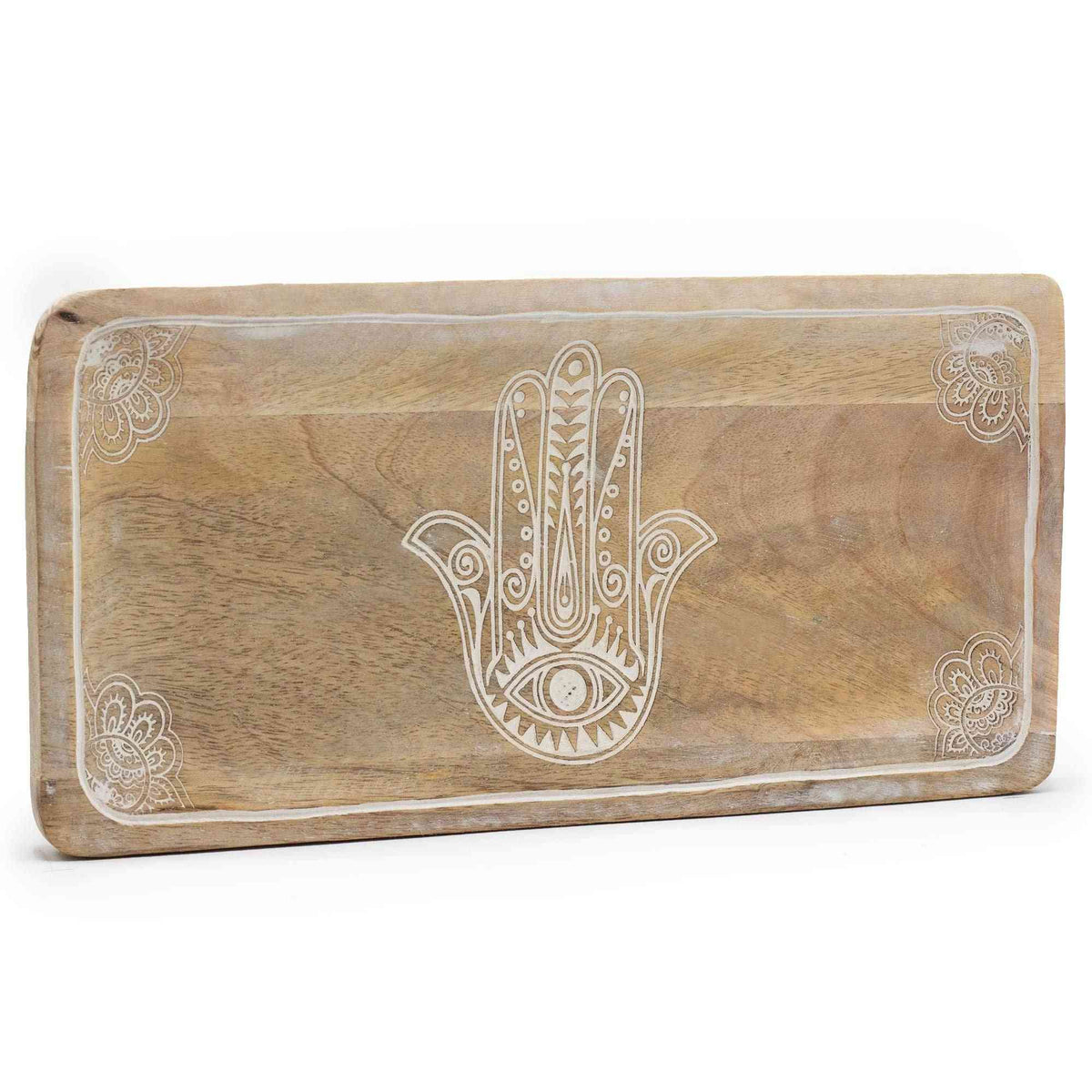 Bandeja larga 30x15x2,5cm - Hamsa Blanco - Cajas y Bandejas de Madera con Hamsa y Buda