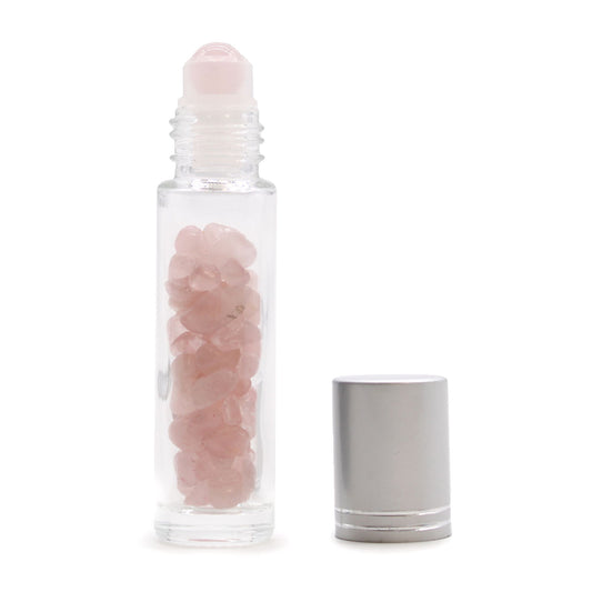 Botella de rodillo de aceite esencial de piedras preciosas - Cuarzo rosa - Tapa plateada - Botellas Roll-on con gemas 10ml