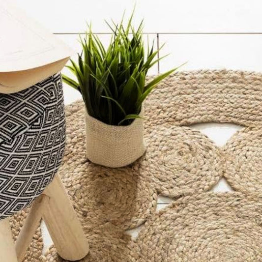 Large soft jute round rug with inner circles 120cm