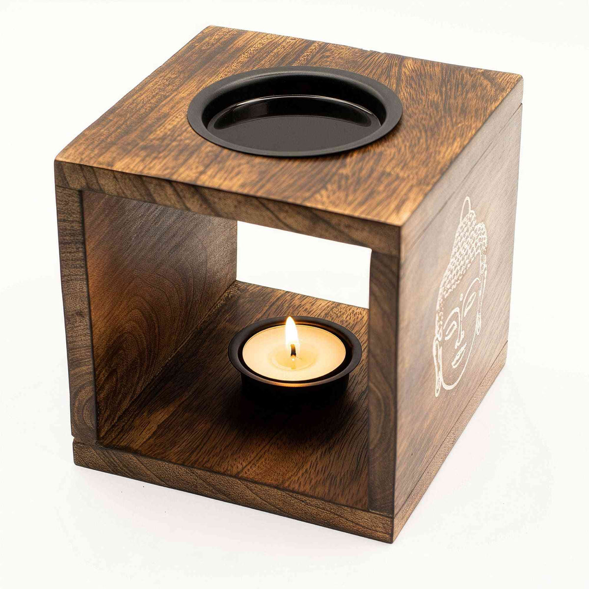 Gran quemador de aceite de madera de mango cuadrado - Cara de Buda - Quemadores de aceite de madera de mango, aromaterapia