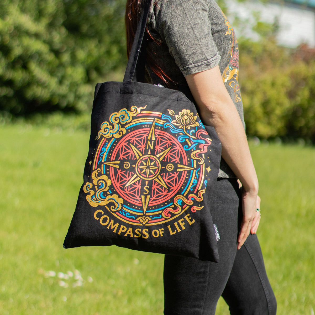 Bolso tote icónico y clásico - Brújula de la Vida - Negro 6oz