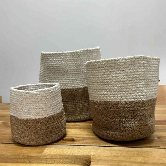 Lot de 3 paniers en coton et jute - Blanc