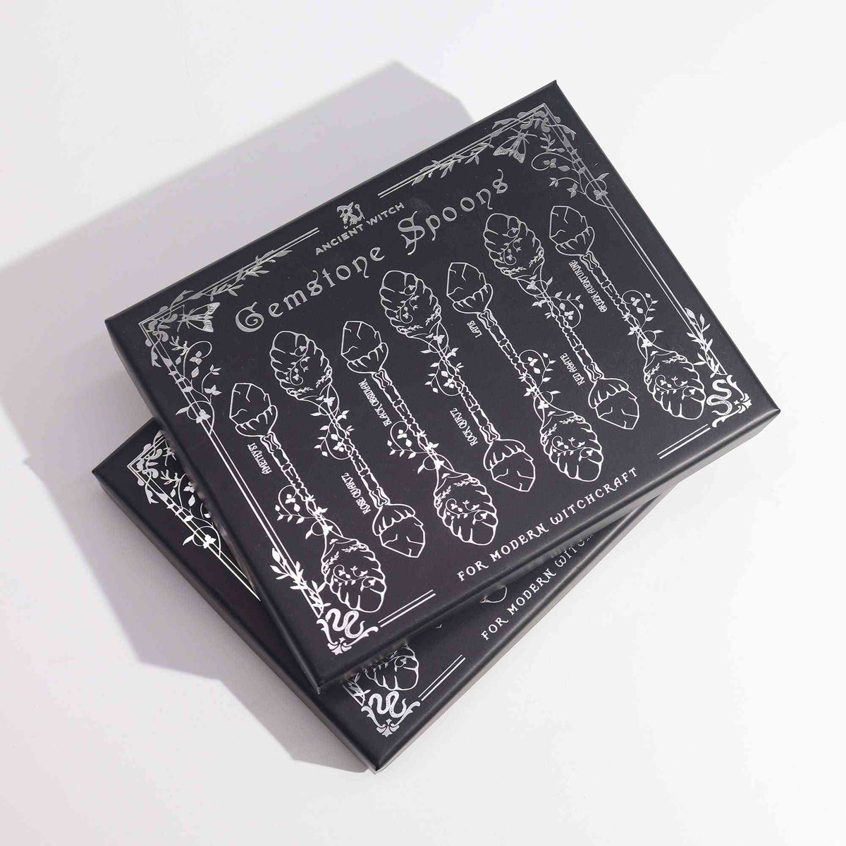 Juego de 7 Cucharas de Bruja de Cristal de Piedra Preciosa de Plata Oscura - Conjunto de Cucharas con Piedras Preciosas