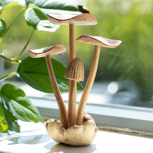Handmade Parasitic Wood Art Carving - Set of 4 Large Mushrooms