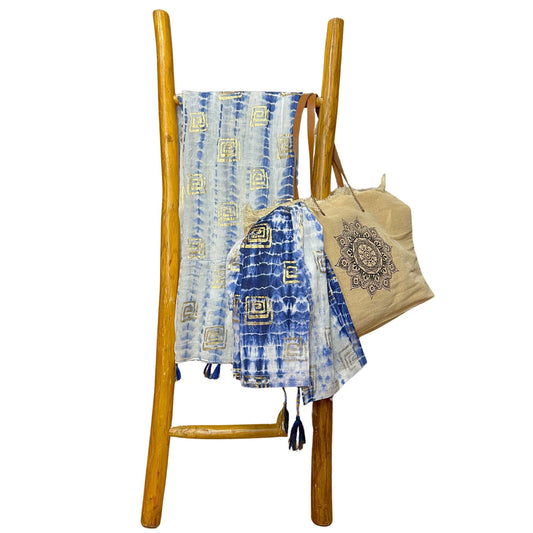 Colección Nómada Sari Mediterráneo - Pareo - Azul Teñido Anudado & Estampado - algodón azul boho chic | El Bazar de Tizar
