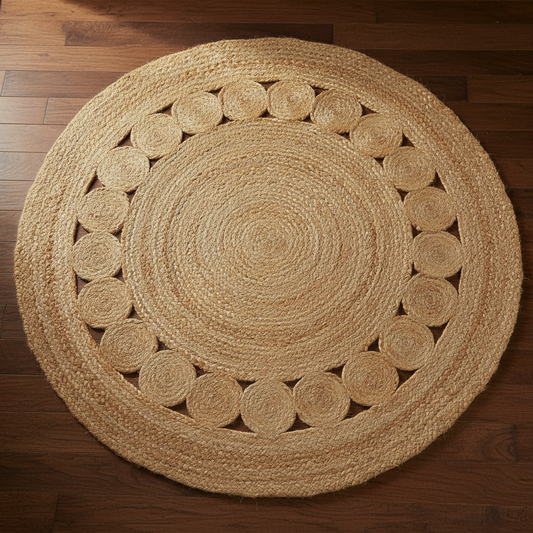Alfombra redonda grande de yute suave con círculos en el interior 120cm - Alfombras redondas de yute, algodón reciclado, alfo