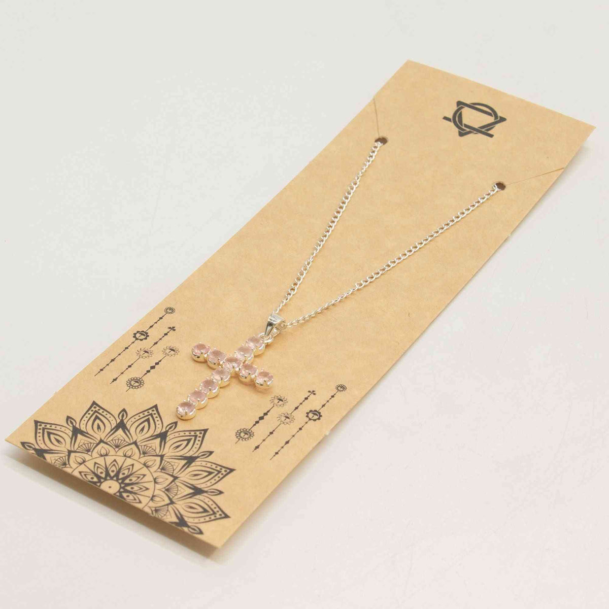 Colgante devocional de la India - Chapado en plata (cadena de 45 cm) - Crucifijo de cuarzo rosa - chapado en plata colgante c
