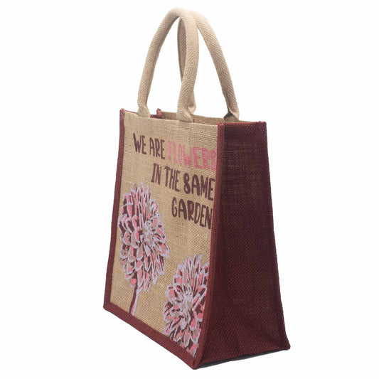 bolsa de yute estampada - Somos flores - Oliva, Rosa y Natural - bolsa de yute estampada
