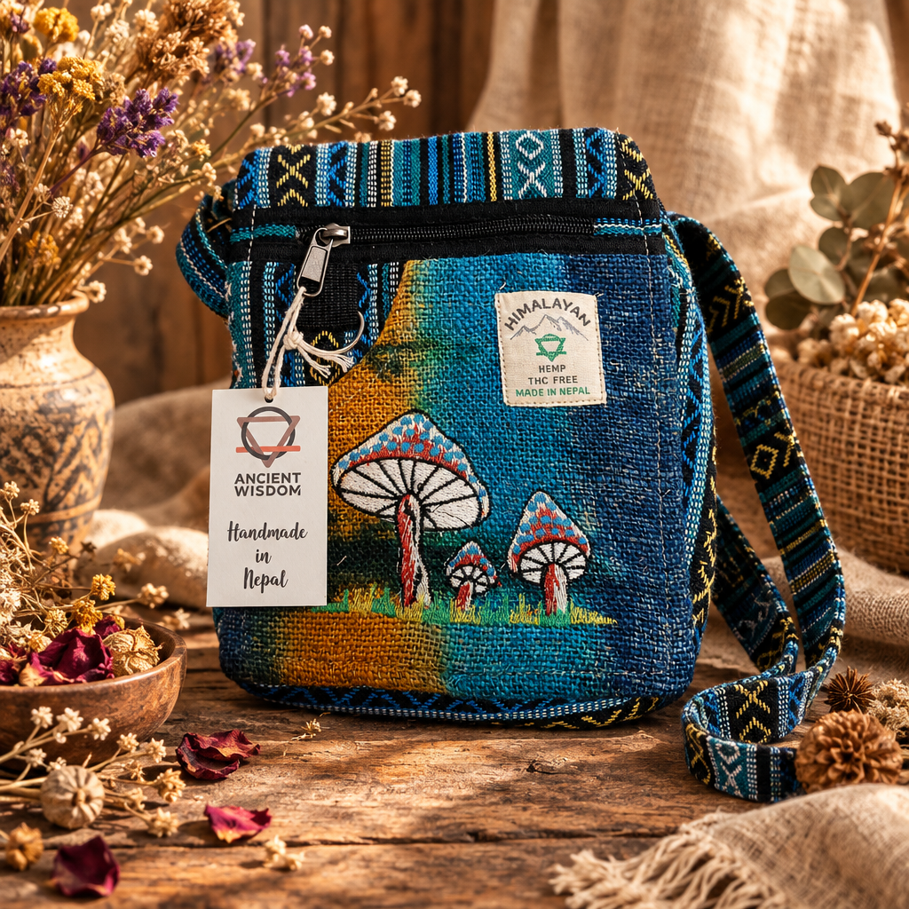 Party Bag with Hemp Embroidery - Green Mushrooms
