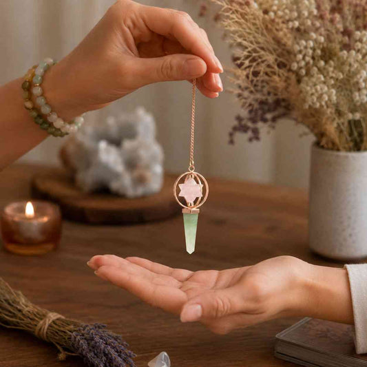 Brújula del Corazón - Estrella Merkaba giratoria de dos piezas en péndulo de cobre - cuarzo rosa y aventurina verde - Péndulo