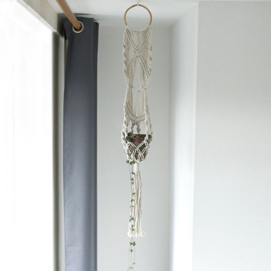 Pot de fleurs en macramé - Long avec anneau en rotin