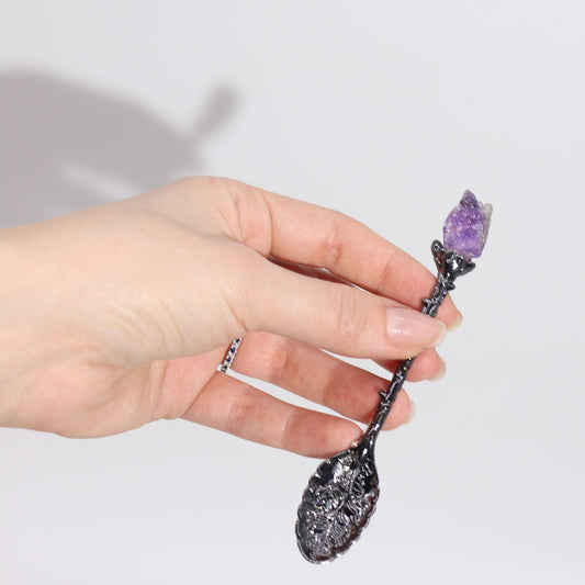 Juego de 7 Cucharas de Bruja de Cristal de Piedra Preciosa de Plata Oscura - Conjunto de Cucharas con Piedras Preciosas