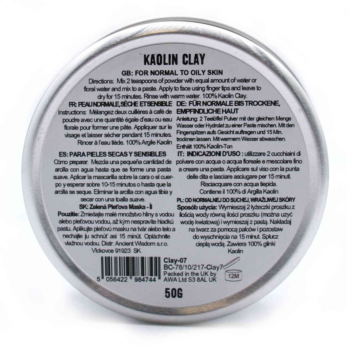 Arcilla de Caolín 50g - Mascarillas Faciales de Arcilla