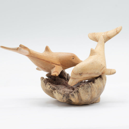 Handmade Parasite Wood Art Carving - Playing Dolphins
