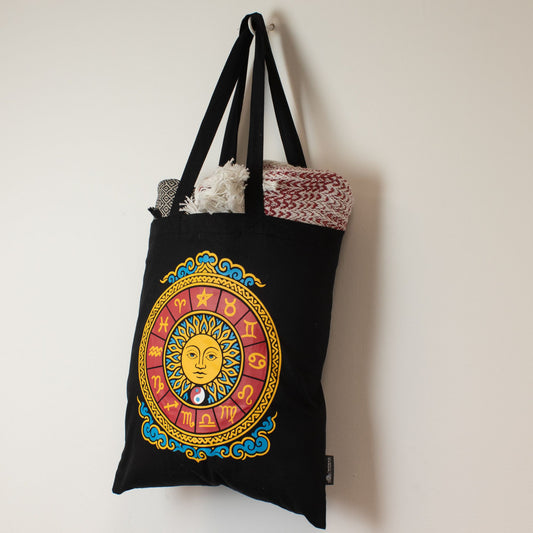 Bolso tote icónico y clásico - Sol del Zodíaco - Negro 6 oz