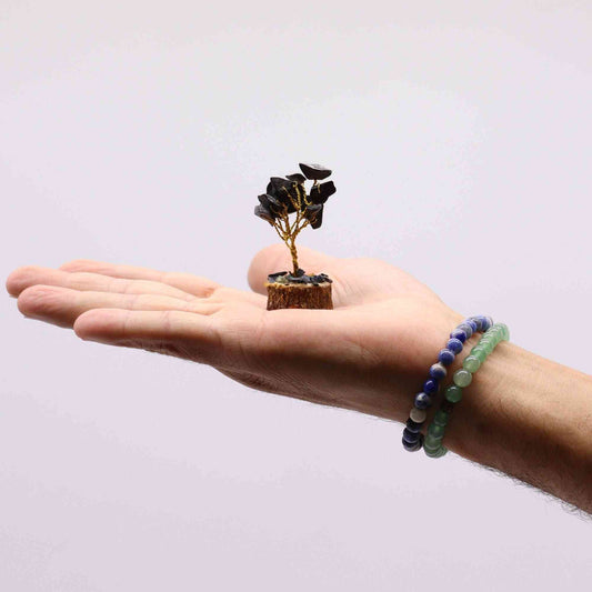 Mini árbol de piedras preciosas sobre base de madera - Ágata negra (15 piedras) - Mini Árboles De Piedras Preciosas