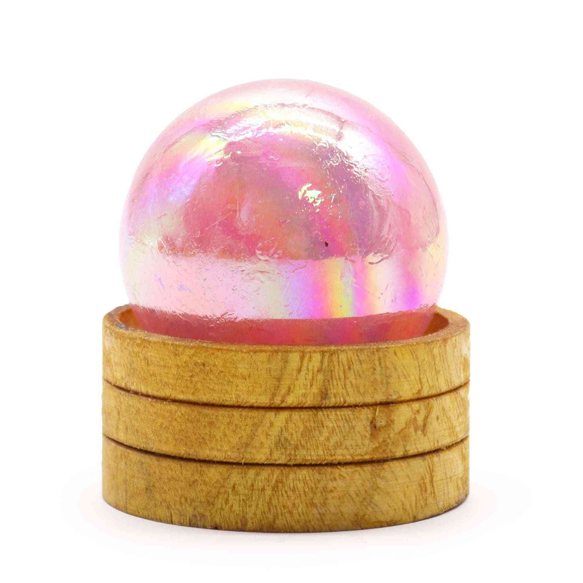 Esfera de cristal de cuarzo rosa de 50 mm con aura de titanio y soporte