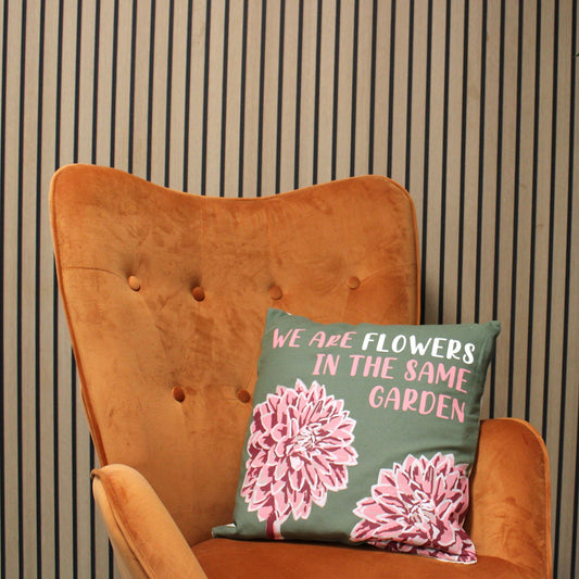 Printed Cotton Cushion Cover - Somos Flores - Olive, Pink and Natural