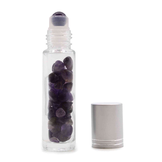 Botella de rodillo de aceite esencial de piedras preciosas - Amatista - Tapa plateada - Botellas Roll-on con gemas 10ml