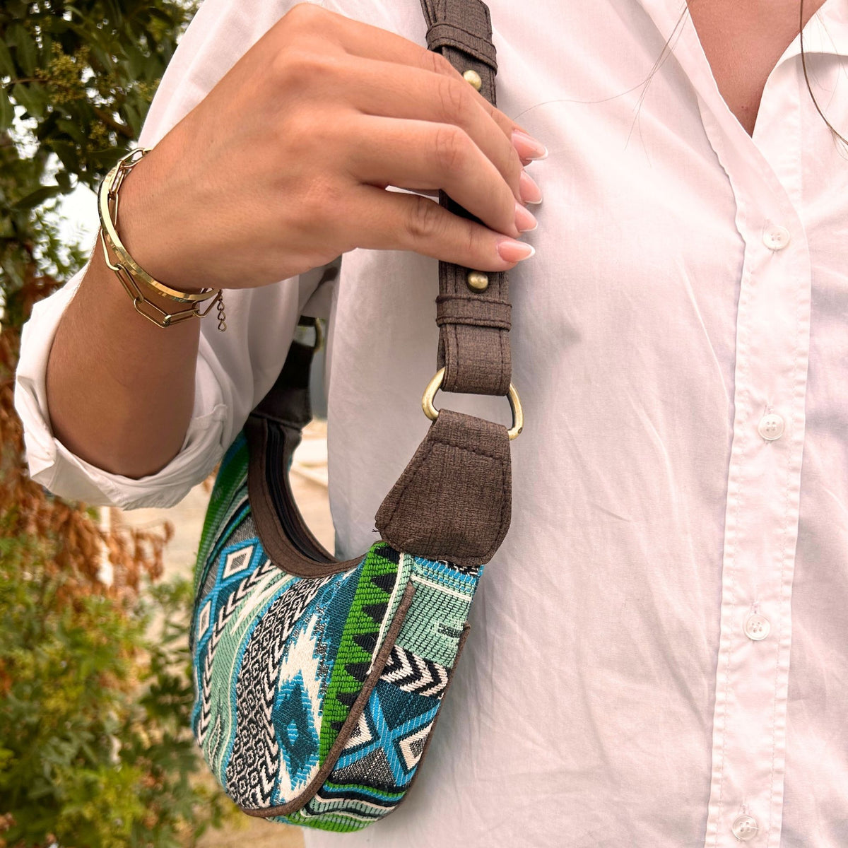 Bolso Hobo de Jacquard - Verdes Atrevidos (correa marrón) - Bolso de Mano Hobo de Jacquard