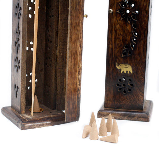 Square Incense Tower - Brass inlay - Mango Wood - Soporte de Incienso