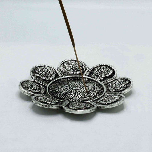 PortaIncienso Símbolos Tibetanos Aluminio Pulido 12cm - Portainciensos de aluminio hechos a mano