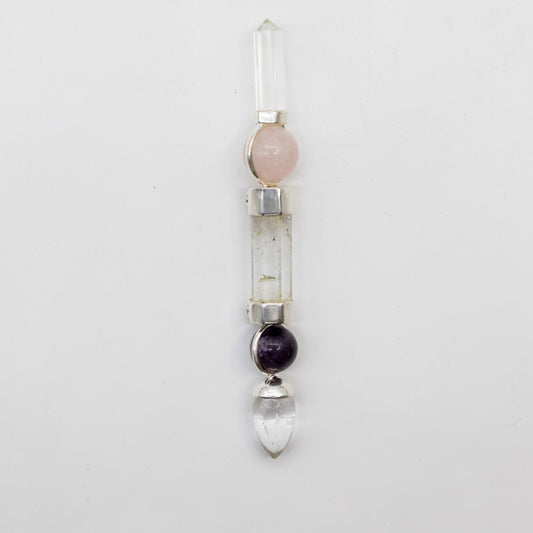 Varita Axis of Grace - Esferas de amatista y cuarzo rosa, tallo de cuarzo - 12 cm