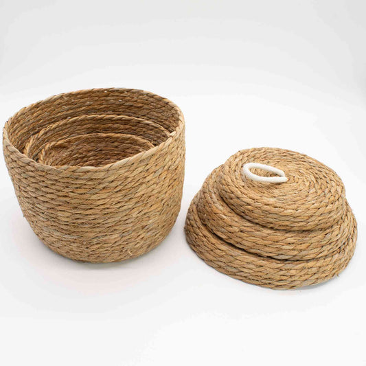 Paniers ronds en jonc de mer et coton avec couvercles - Naturel - Lot de 3