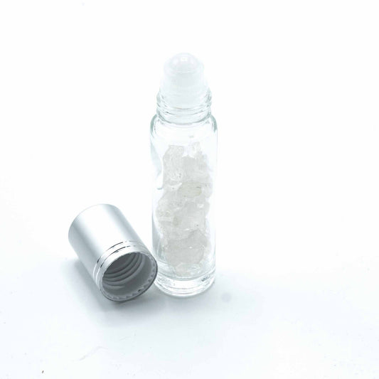 Botella de rodillo de aceite esencial de piedras preciosas - Cuarzo de roca - Tapa plateada - Botellas Roll-on con gemas 10ml