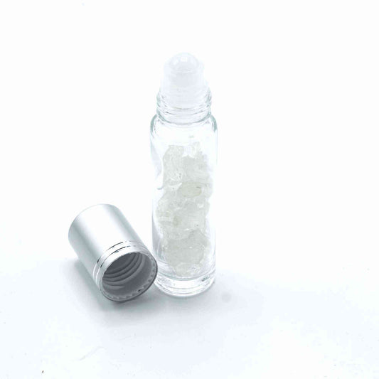 Botella de rodillo de aceite esencial de piedras preciosas - Cuarzo de roca - Tapa plateada - Botellas Roll-on con gemas 10ml