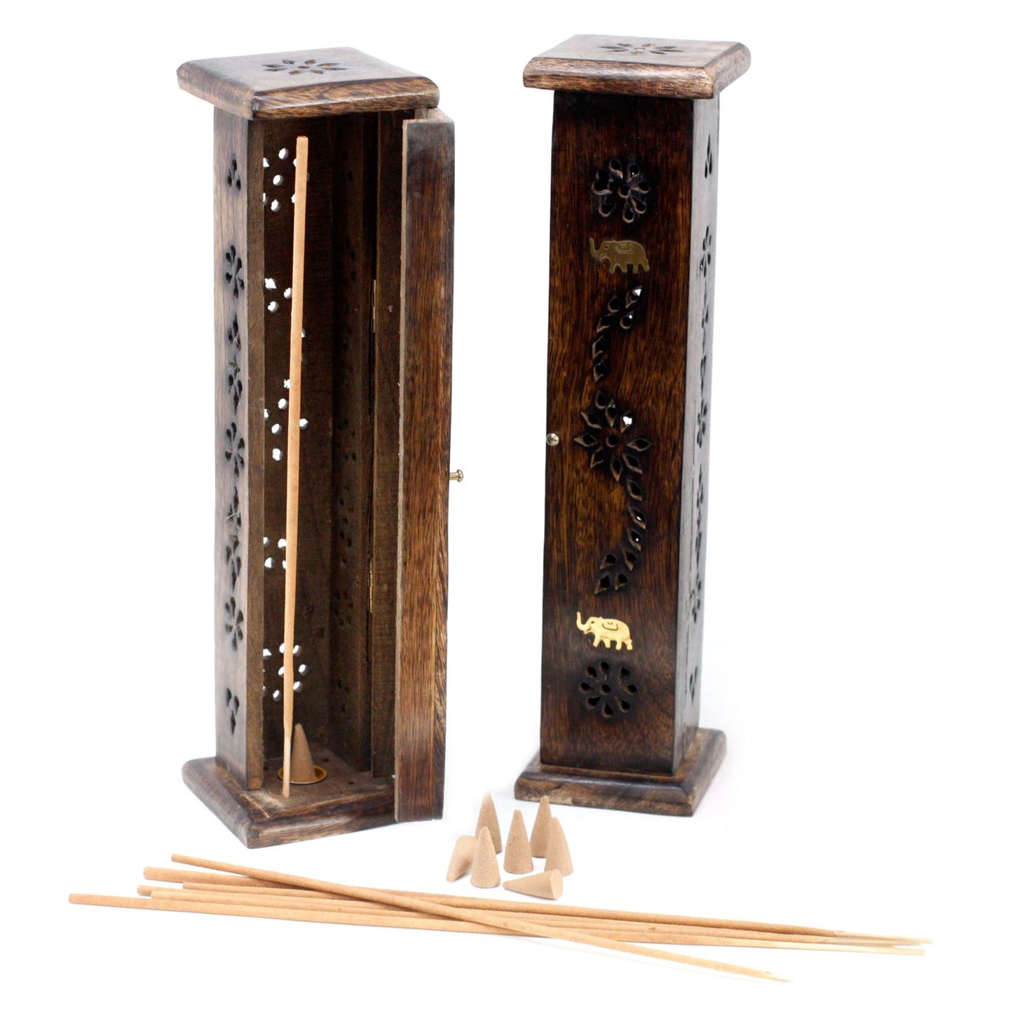 Square Incense Tower - Brass inlay - Mango Wood - Soporte de Incienso