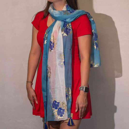 Bufanda Nomad Sari Aqua Fish – Azul Marino (180x50cm) - algodón aqua azul marino | El Bazar de Tizar