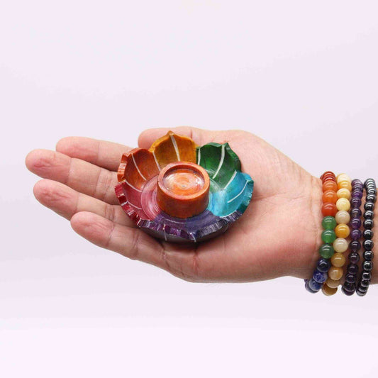 Porta-incienso Flor de Loto Pequeña de Esteatita 7.5x2.5cm - Colores de los Chakras - Porta incienso de esteatita