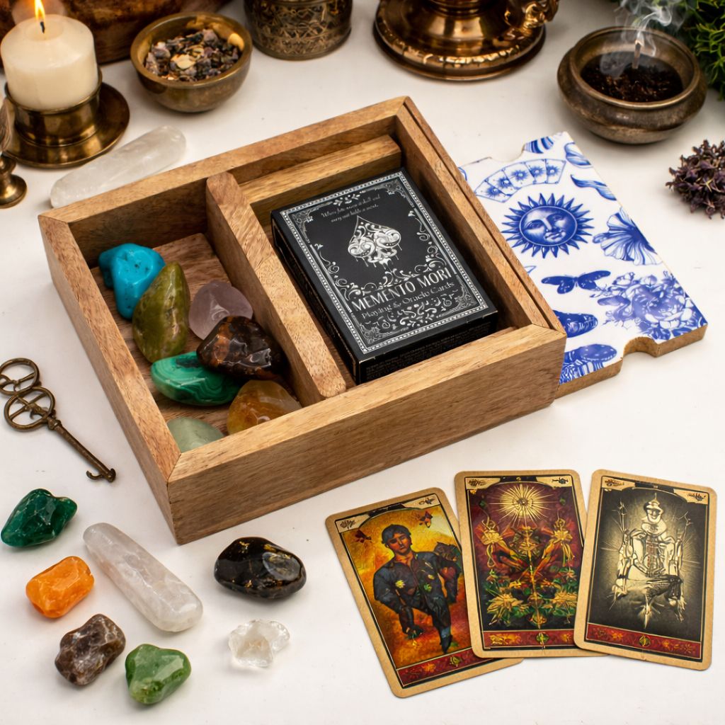 Caja de tarot de dos secciones con soporte para cartas