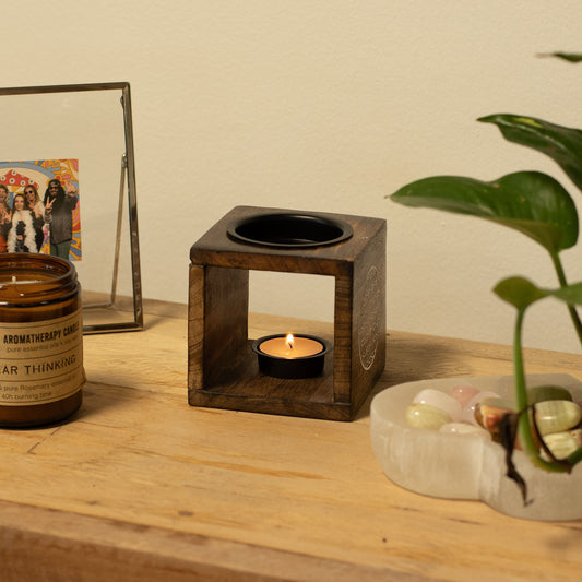 Quemador de aceite de madera de mango cuadrado - Flor de la Vida - aromaterapia flor de la vida madera de mango | El Bazar de