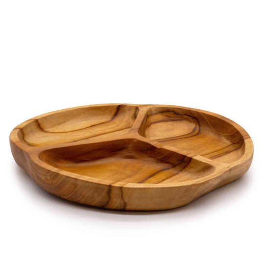 Three-section smooth teak wooden fruit bowl - 30x4cm