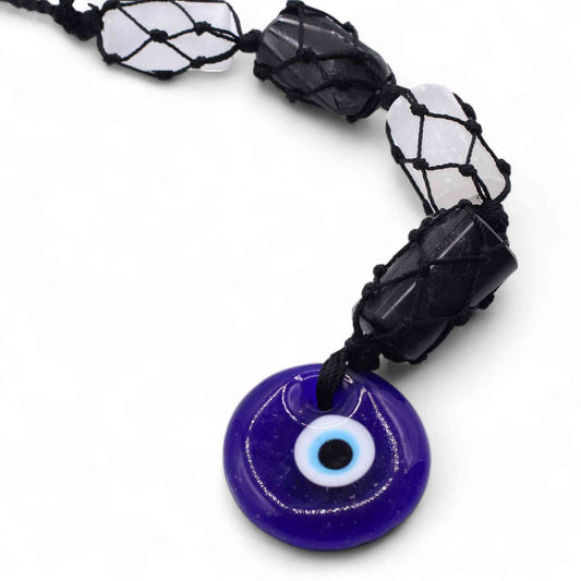 Colgante de piedra - Turmalina negra y selenita pulidas - Ojo turco | Colgantes de piedras de chakra | El Bazar de Tizar