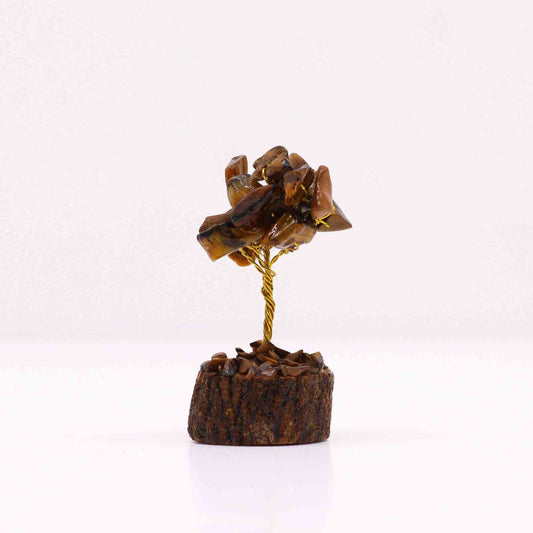 Mini árbol de piedras preciosas sobre base de madera - Ojo de tigre (15 piedras)