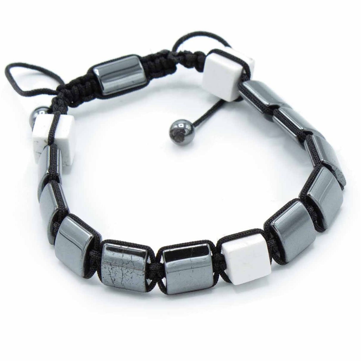 Pulsera Magnética Shamballa de Hematita - Cuboides Jaspe Blanco
