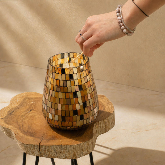 Velas en tarro de vidrio alto - mosaico ámbar - Velas en tarros de vidrio, 150 horas